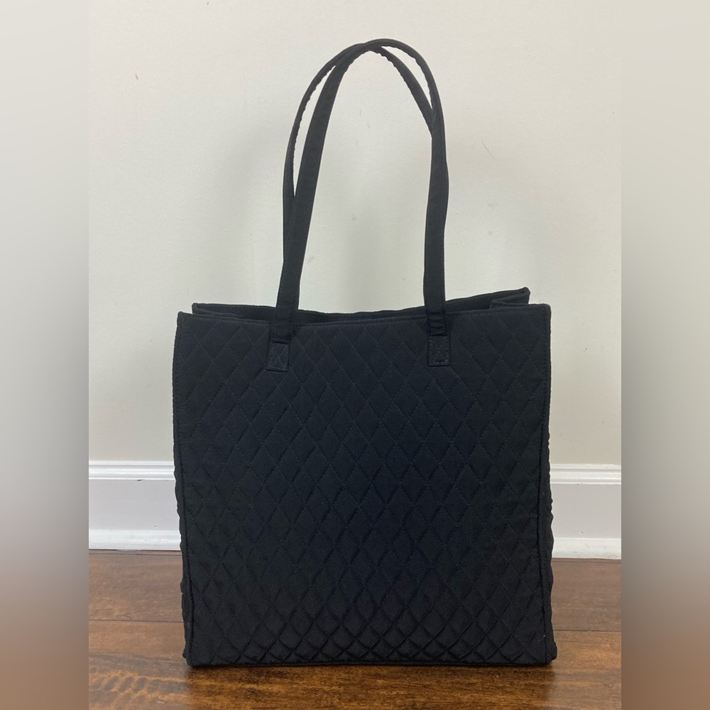 VERA BRADLY Tote Purse Bag Black Microfiber Quilted Sturdy Clean EUC